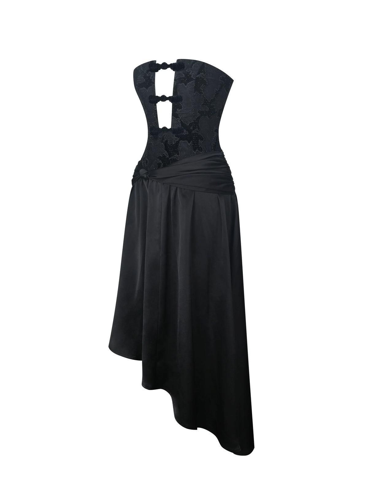 Yoseline Black Velvet Lace Cutout Asymmetrical Satin Midi Dress