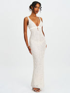 Adelaide White Beaded Sequin Net Bodycon Gown