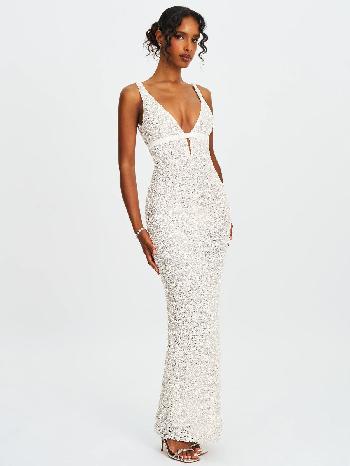 Adelaide White Beaded Sequin Net Bodycon Gown