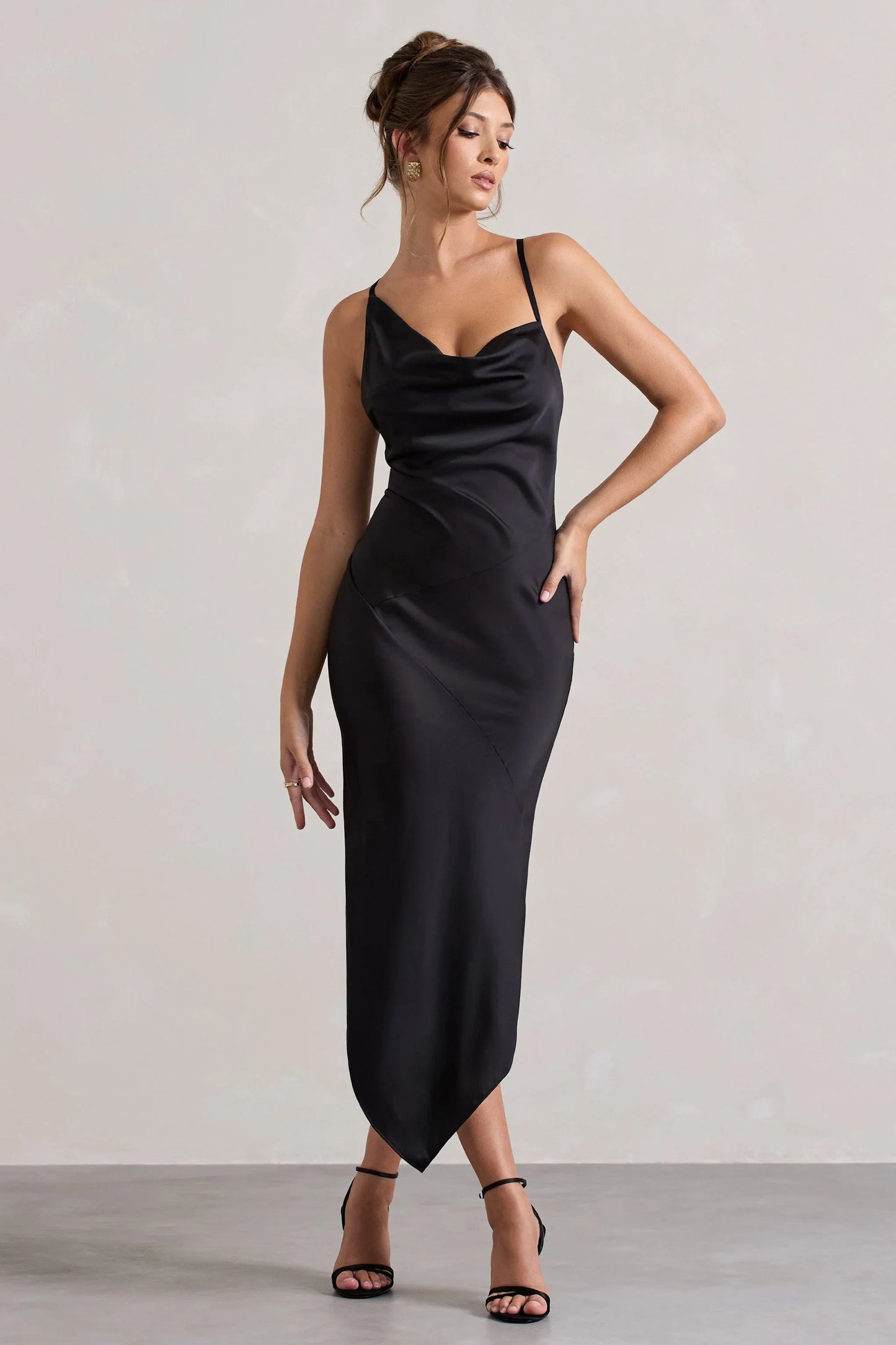 Fillie Black Satin Asymmetric Cowl Neck Midi Dress