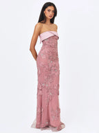Raphaela Dusty Pink Beaded Floral Strapless Mermaid Maxi Dress