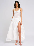 Ulissa White Square Neck Jacquard Textured High Slit Maxi Dress