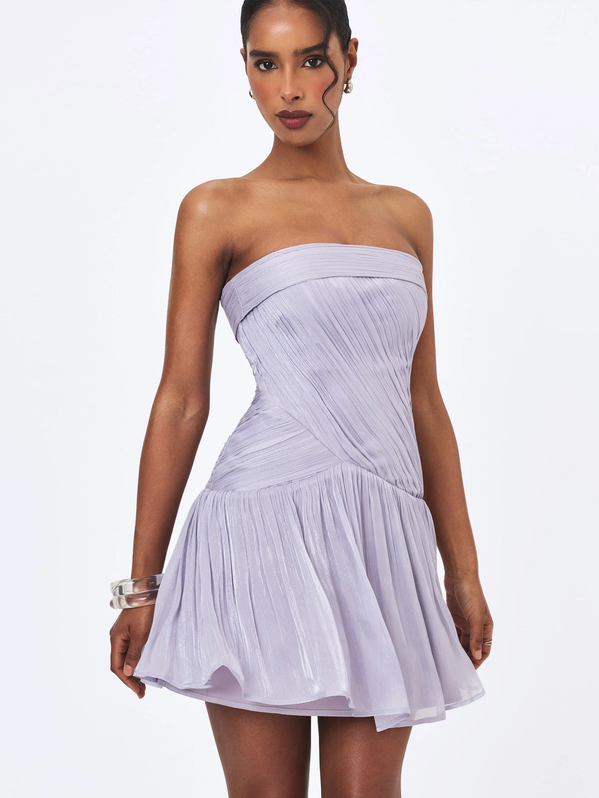 Yalena Lavender Crystal Organza Strapless Mini Dress