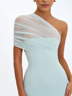 Phoebe Mint One Shoulder Ruched Mesh Mini Dress
