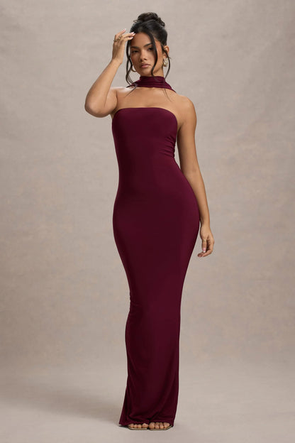 Nobu Burgundy Bandeau Maxi Dress With Halter Collar