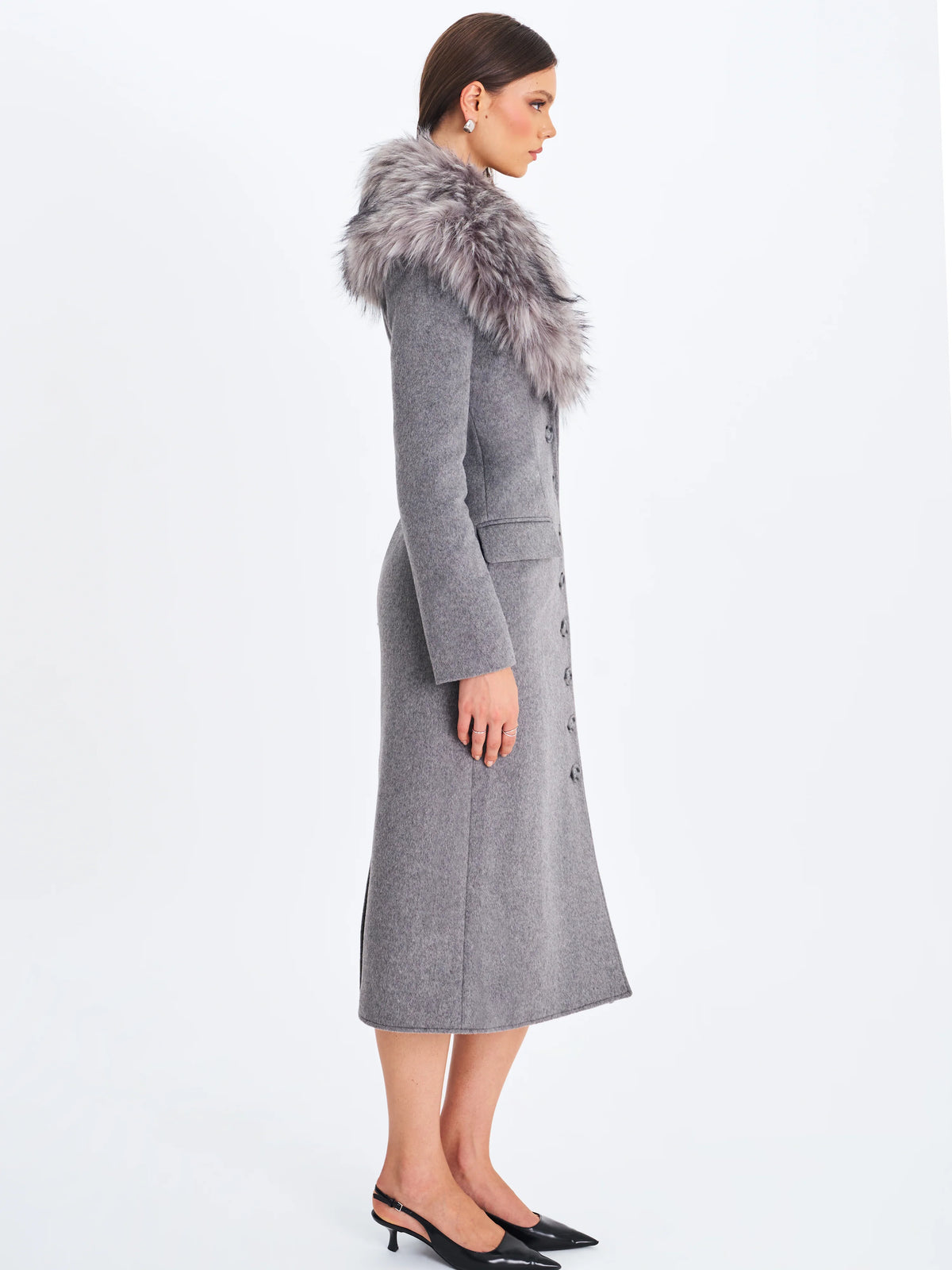 Faye Grey Wool Blend Single Breasted Coat with Removable Faux Fur Collar