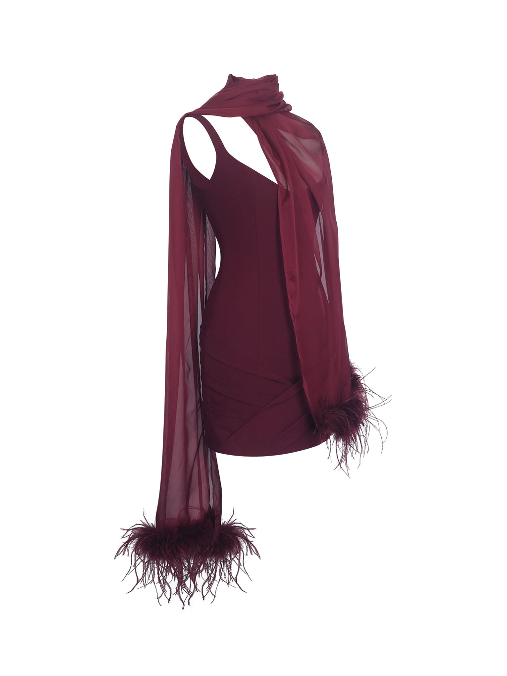 Tori Wine Red Pleated Mini Dress with Chiffon Scarf