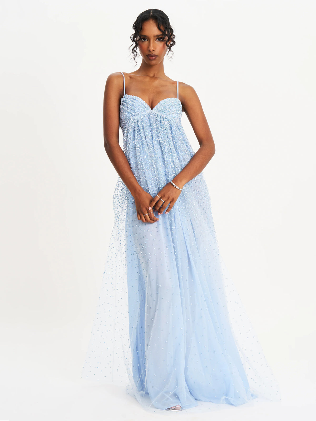 Wallie Baby Blue Rhinestone Embellished Mesh Backless Gown