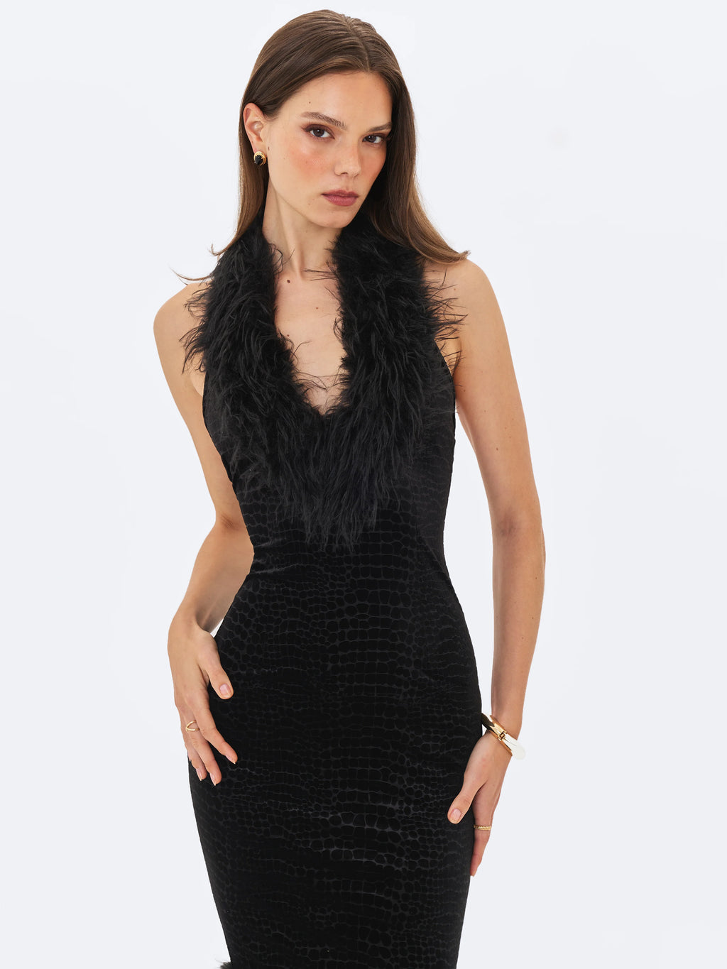 Onalee Black Croc Embossed Velvet Fur Midi Dress