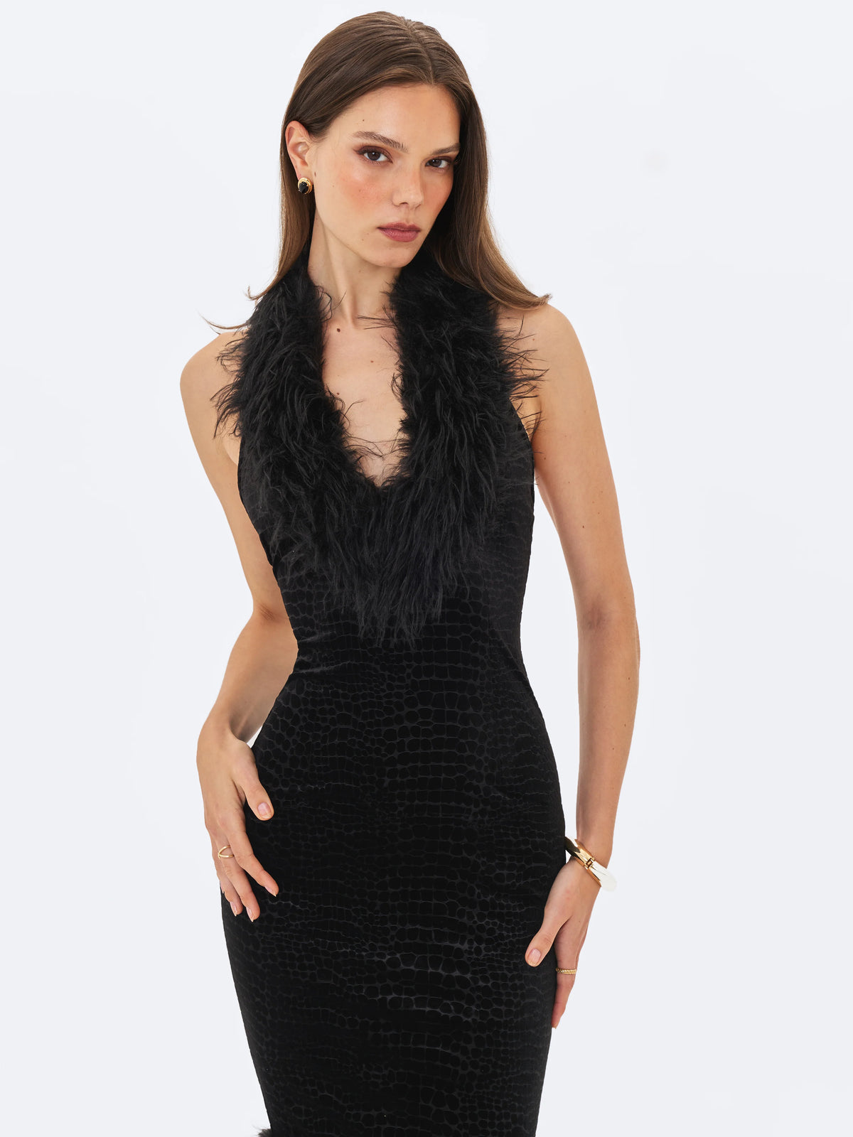 Onalee Black Croc Embossed Velvet Fur Midi Dress