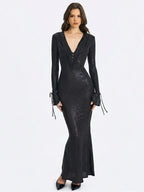 Ilysia Black V Neck Plunge Snakeskin Mermaid Hem Maxi Dress