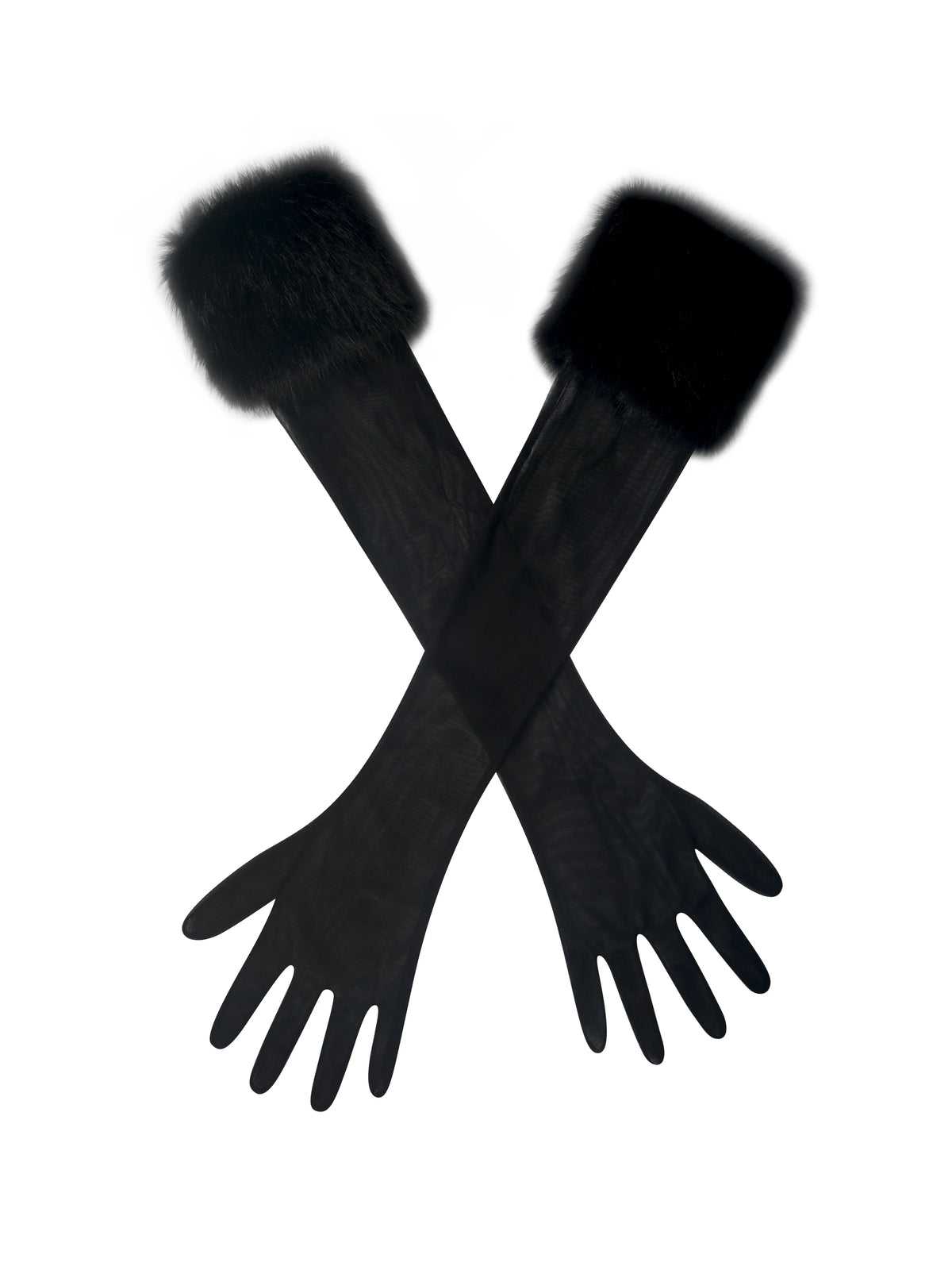 Eve Black Fur Trimmed Mesh Opera length Gloves