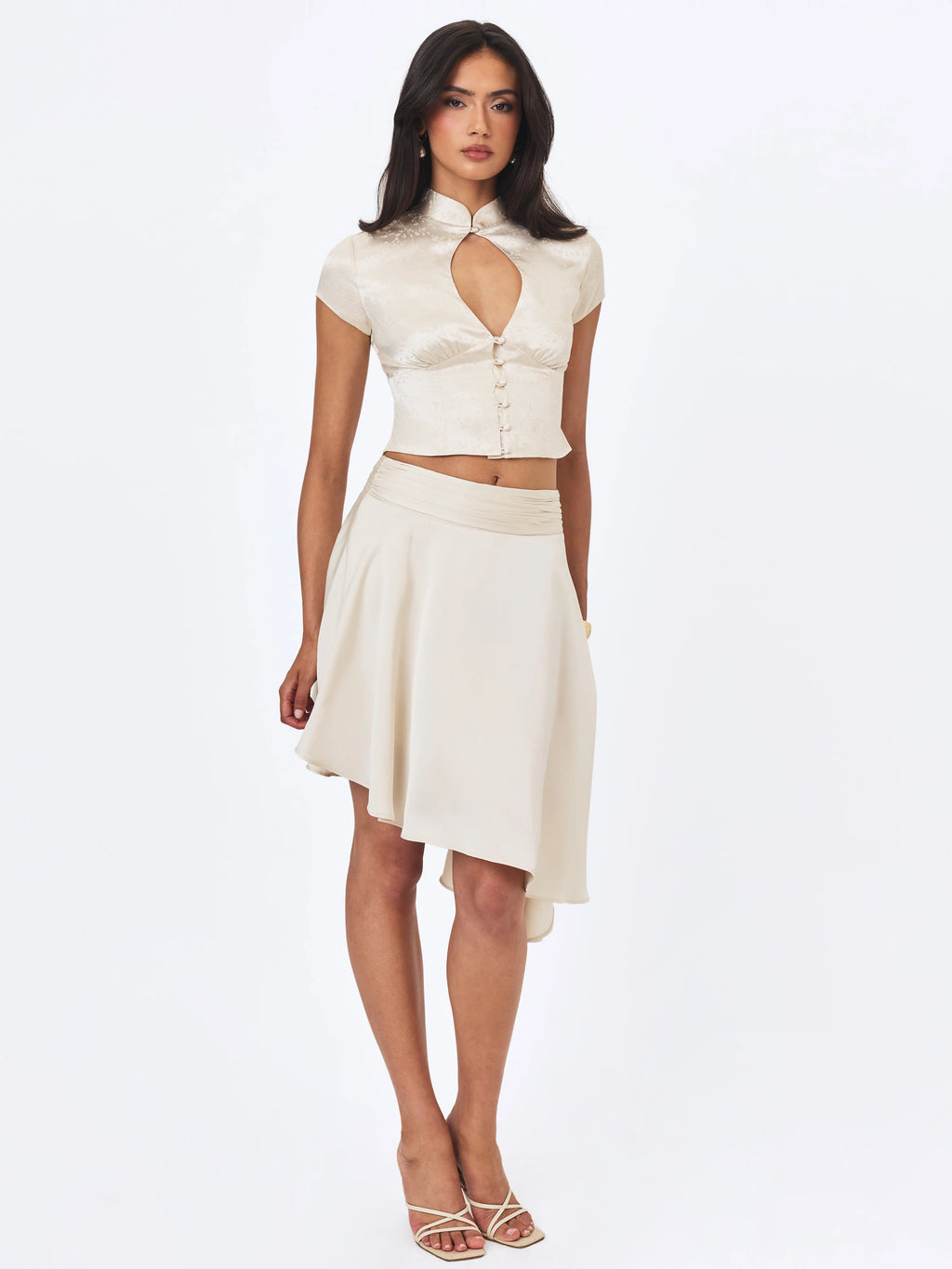 Galilea Ivory Floral Jacquard Keyhole Mandarin Collar Top