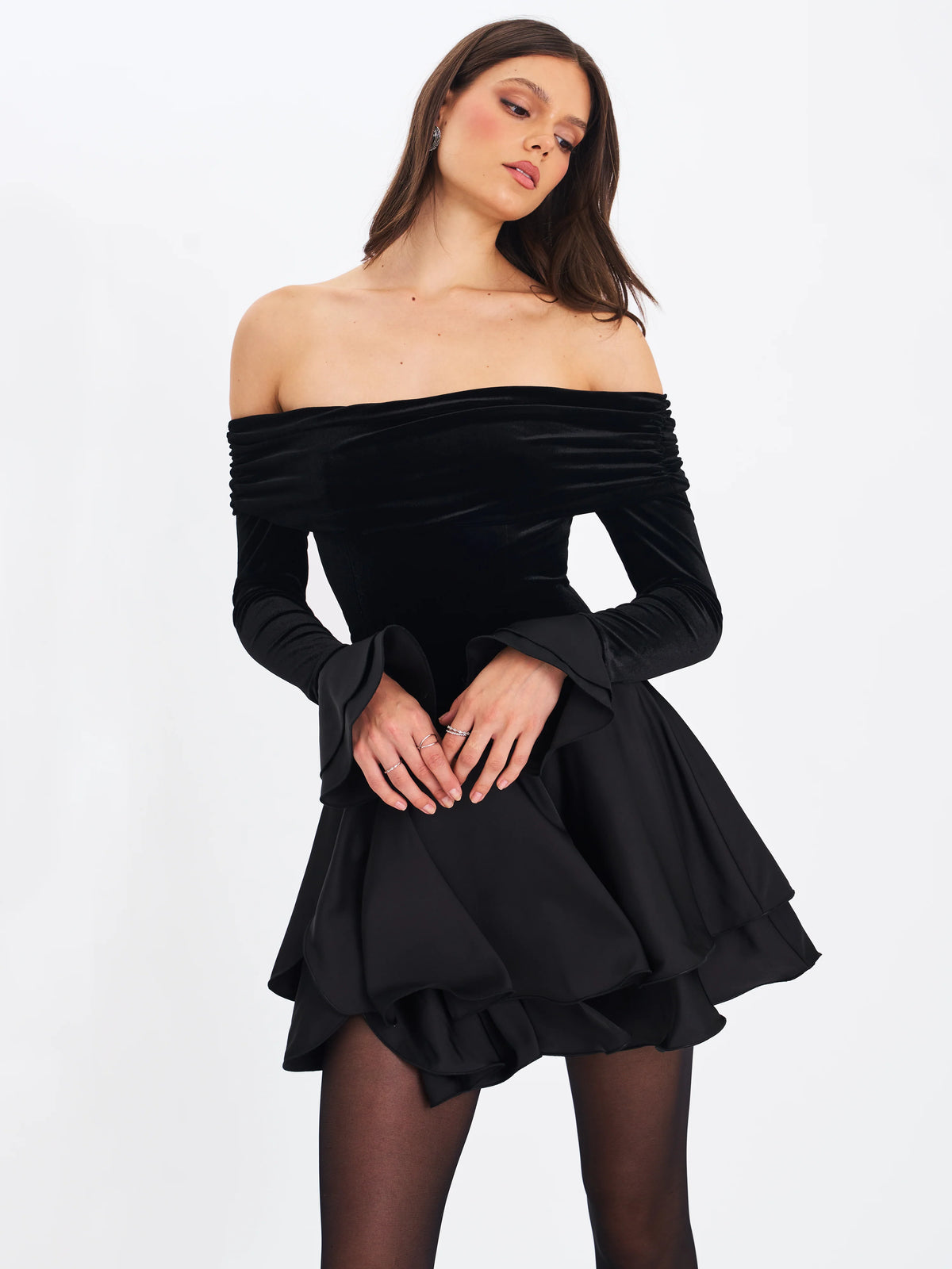 Magnolia Black Off Shoulder Layered Satin Mini Dress