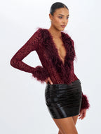Valene Burgundy Burnout Velvet Fur Trim Bodysuit
