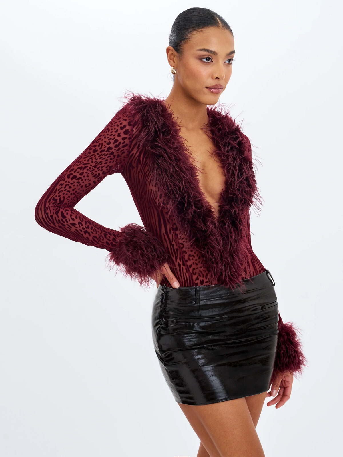 Valene Burgundy Burnout Velvet Fur Trim Bodysuit