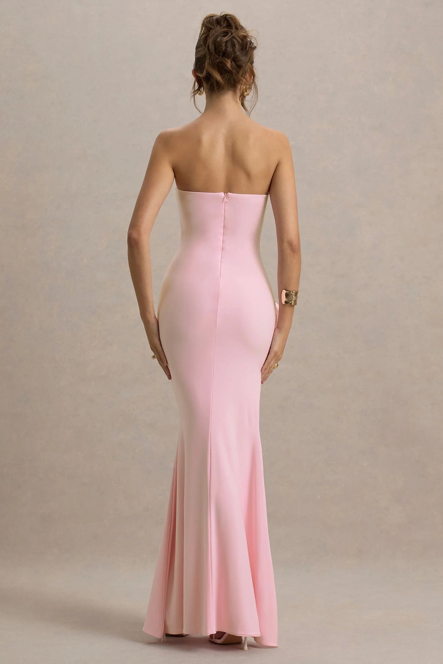 My Muse Pink Ruched Bandeau Split Maxi Dress With Flowers
