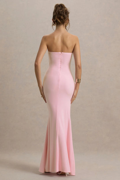 My Muse Pink Ruched Bandeau Split Maxi Dress With Flowers