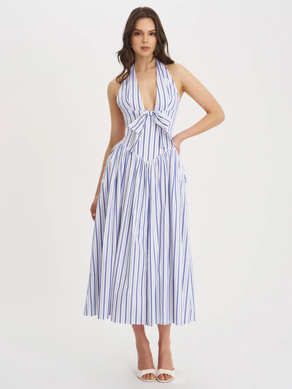 Mackenna Navy Cotton Stripe Halter Smock Back Maxi Dress