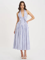 Mackenna Navy Cotton Stripe Halter Smock Back Maxi Dress