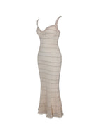 Xiomara Beige Gold Stripe Crochet Knit Mermaid Midi Dress