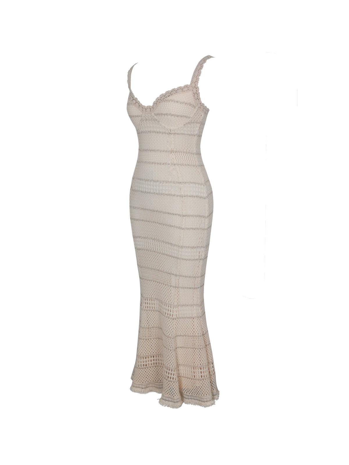Xiomara Beige Gold Stripe Crochet Knit Mermaid Midi Dress