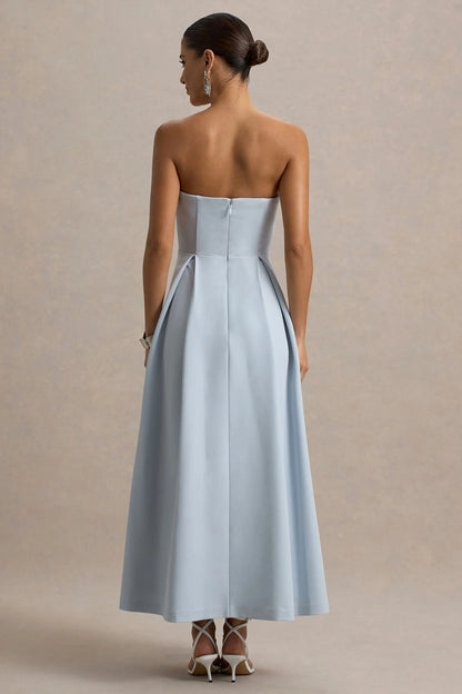 Reigning Beauty Powder Blue Sweetheart Midi Dress With Volume Hem