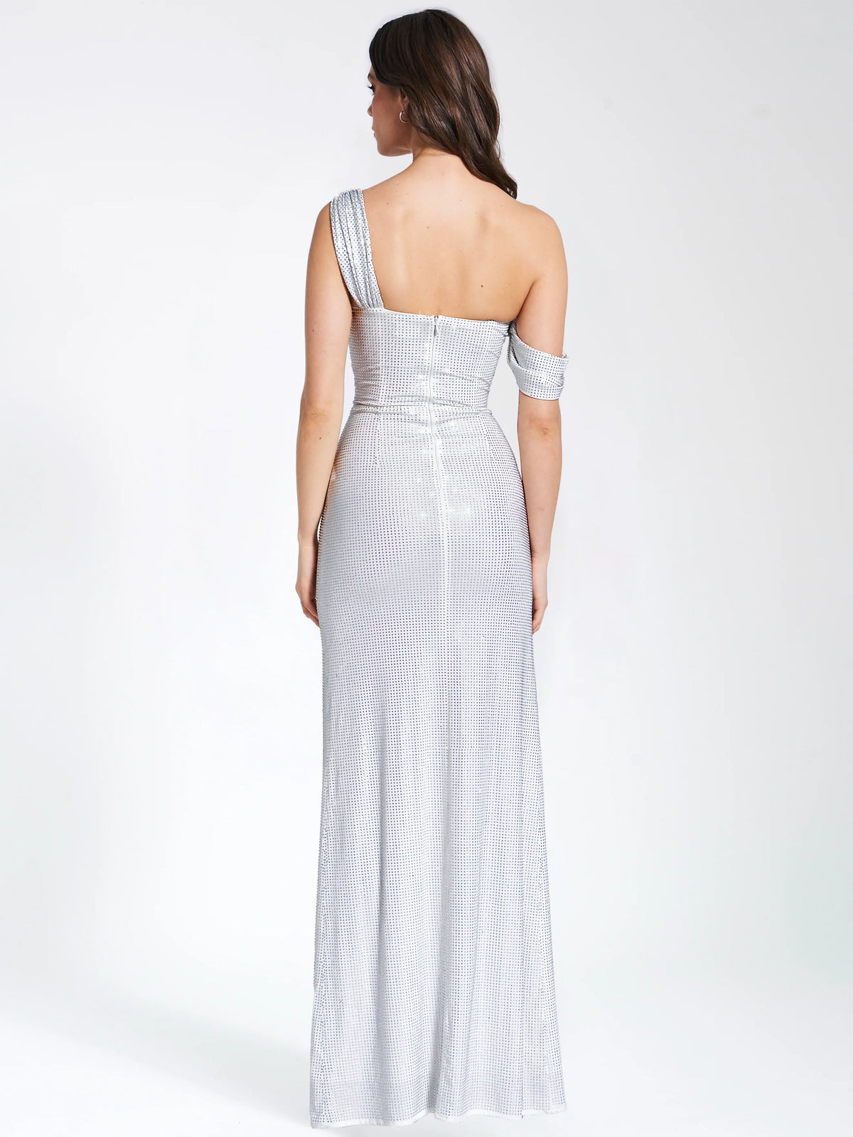 Paget White Mesh Rhinestone Embellished High Slit Gown Archive Sale