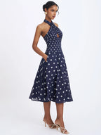 Nuri Navy Polka Dot Ramie Crossover Halter A Line Midi Dress