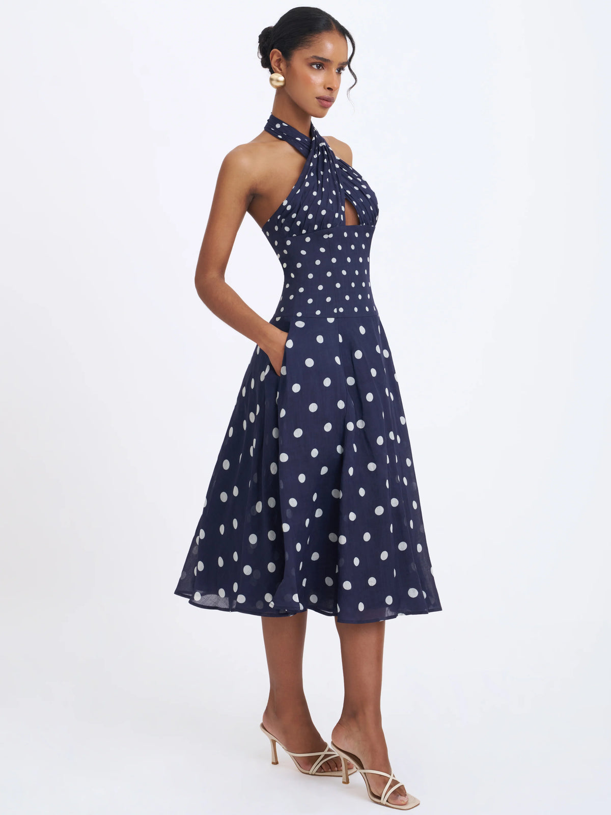 Nuri Navy Polka Dot Ramie Crossover Halter A Line Midi Dress