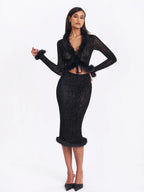 Hali Black Animal Print Burnout Velvet Fur Trim Top