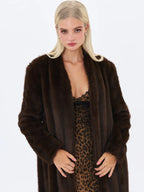 Celine Espresso Faux Mink Belted Longline Coat