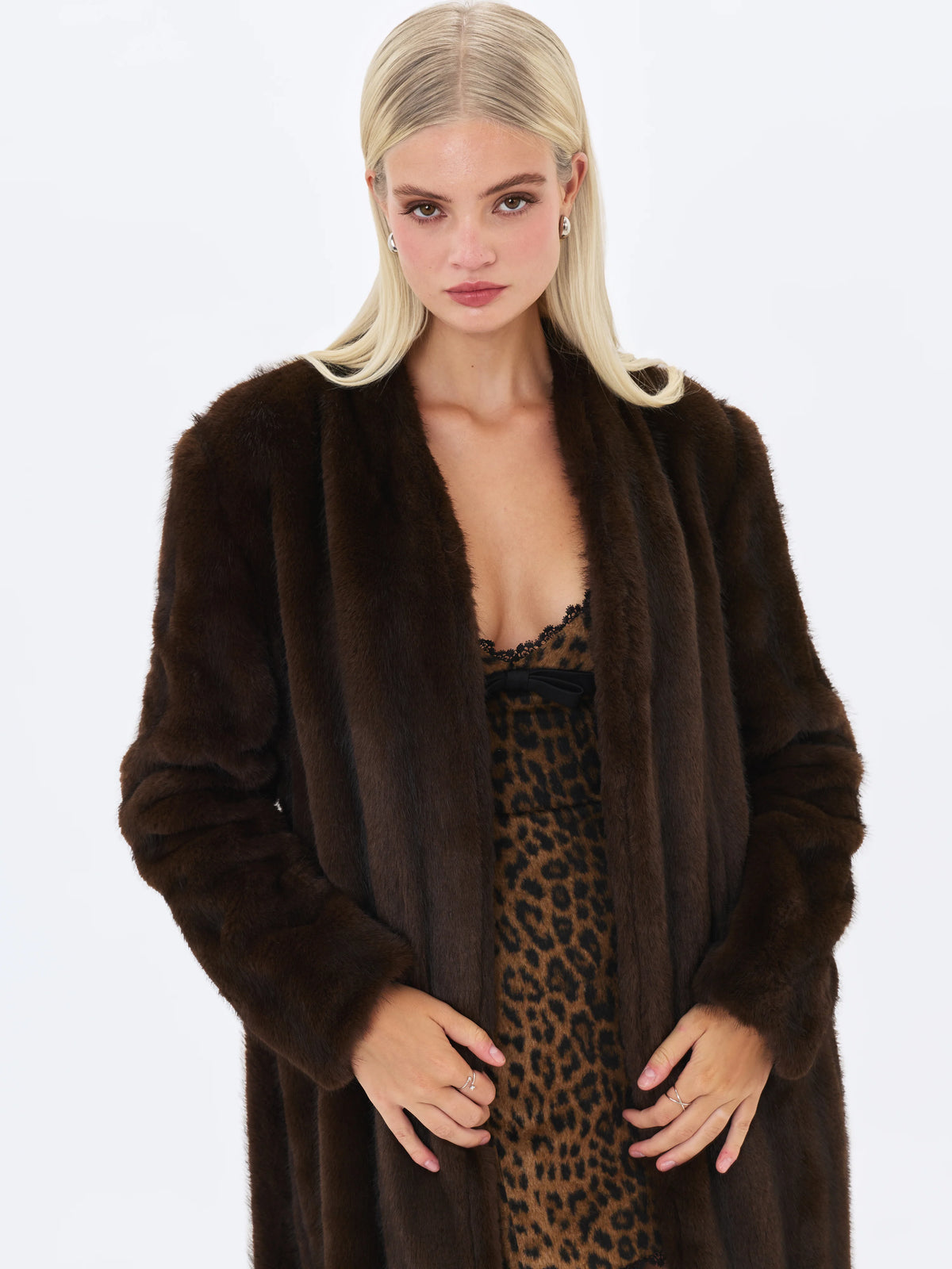 Celine Espresso Faux Mink Belted Longline Coat