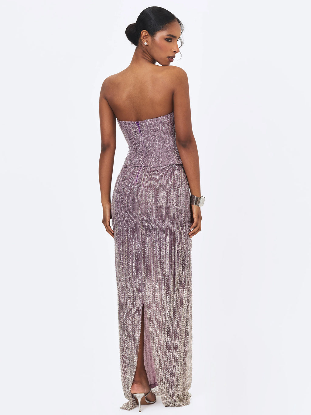 Tosca Beaded Purple Gradient Strapless Peplum Maxi Dress