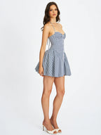 Melody Navy Blue Cotton Poplin Stripe Halter Drop Waist Mini Dress