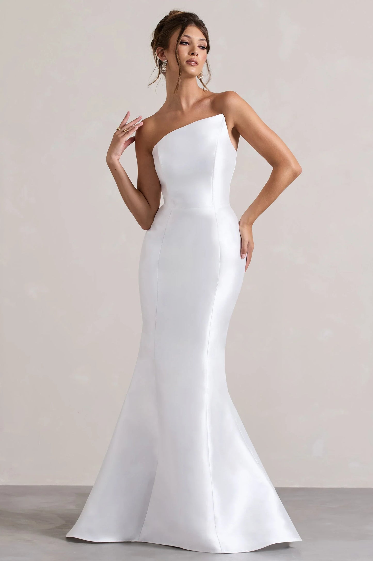 Define White Satin Asymmetric Fishtail Maxi Dress