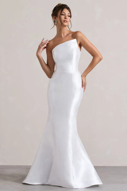 Define White Satin Asymmetric Fishtail Maxi Dress