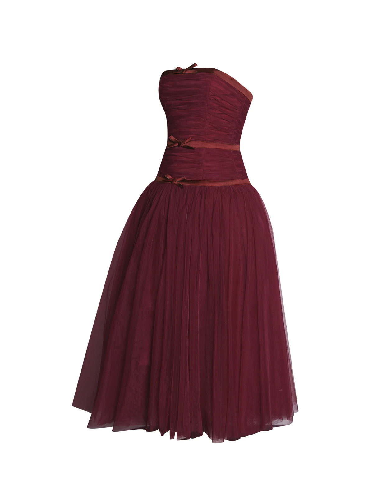 Mabel Burgundy Drop Waist Layered Mesh Midi Puffy Dress with Bow