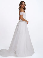 Jianna White Beaded Peplum Bardot Neckline Wedding Gown