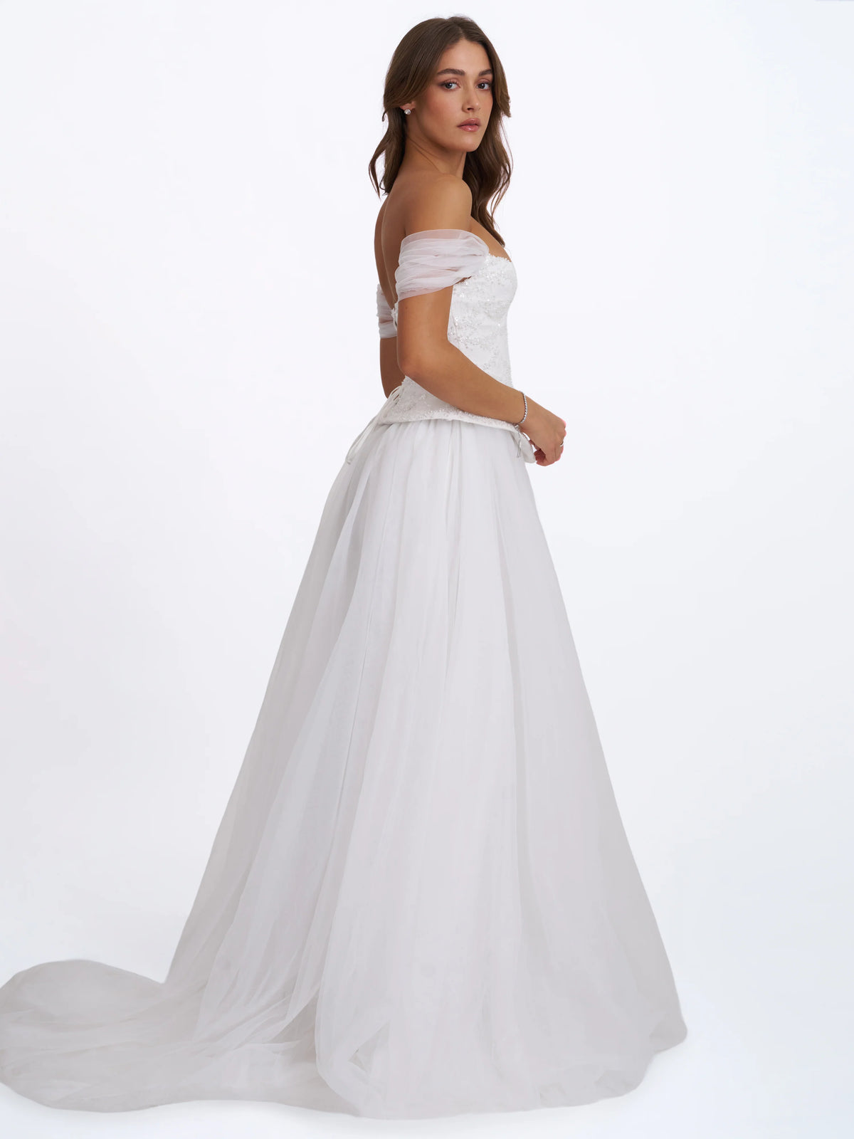Jianna White Beaded Peplum Bardot Neckline Wedding Gown