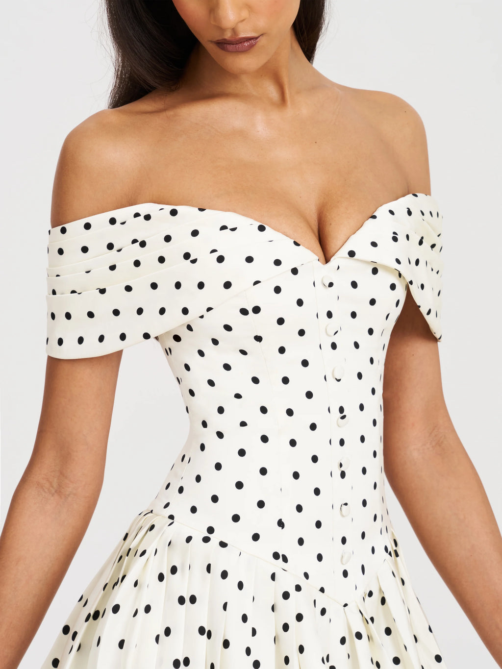 Edeline Polka Dot Off shoulder Pleated Mini Dress