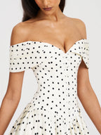 Edeline Polka Dot Off shoulder Pleated Mini Dress