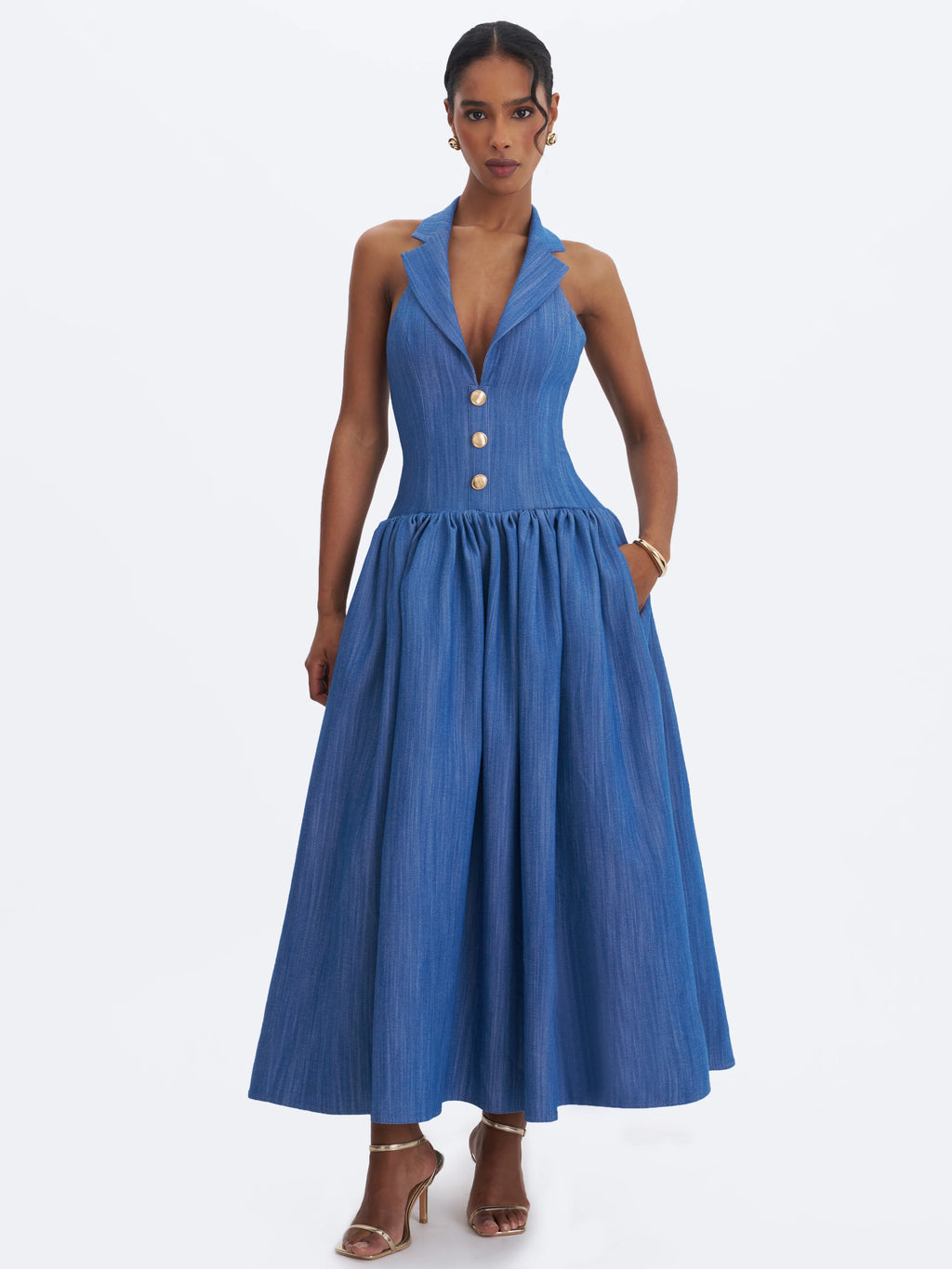 Xyan Navy Denim Lapel Halter A Line Midi Dress