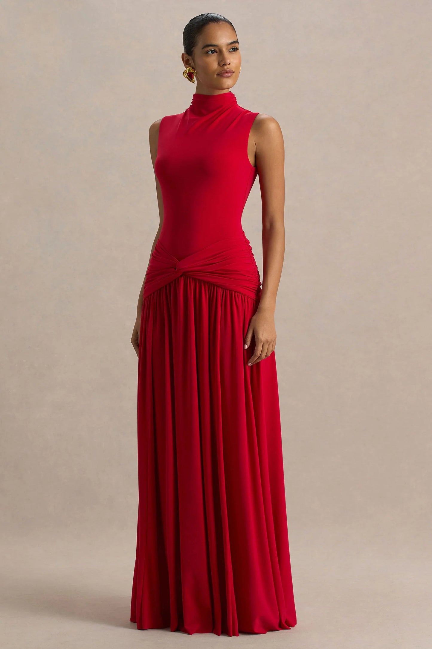 Cascade Red High Neck Maxi Dress With Twist Detail