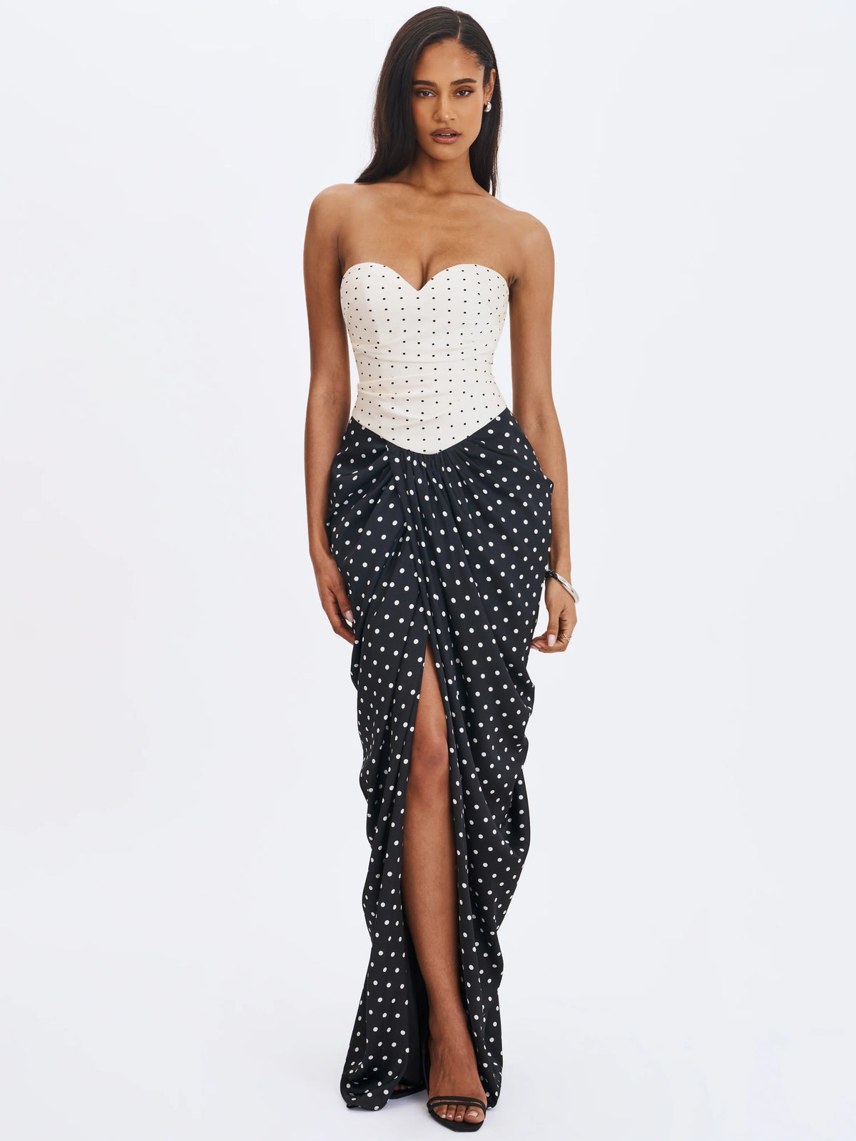 Tamryn Black White Polka Dot Sweetheart Maxi Dress