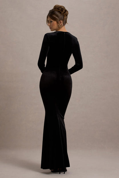 Morana Black Velvet Square Neck Long Sleeve Maxi Dress