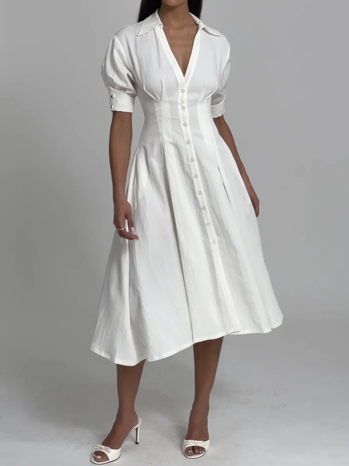 Palina White Lyocell Pleated Midi Preppy Shirt Dress