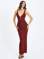 Elora Crimson Sequin Beaded Keyhole Maxi Dress