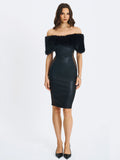 Bellis Black Fur Trim Mesh Panel Off Shoulder Midi Dress