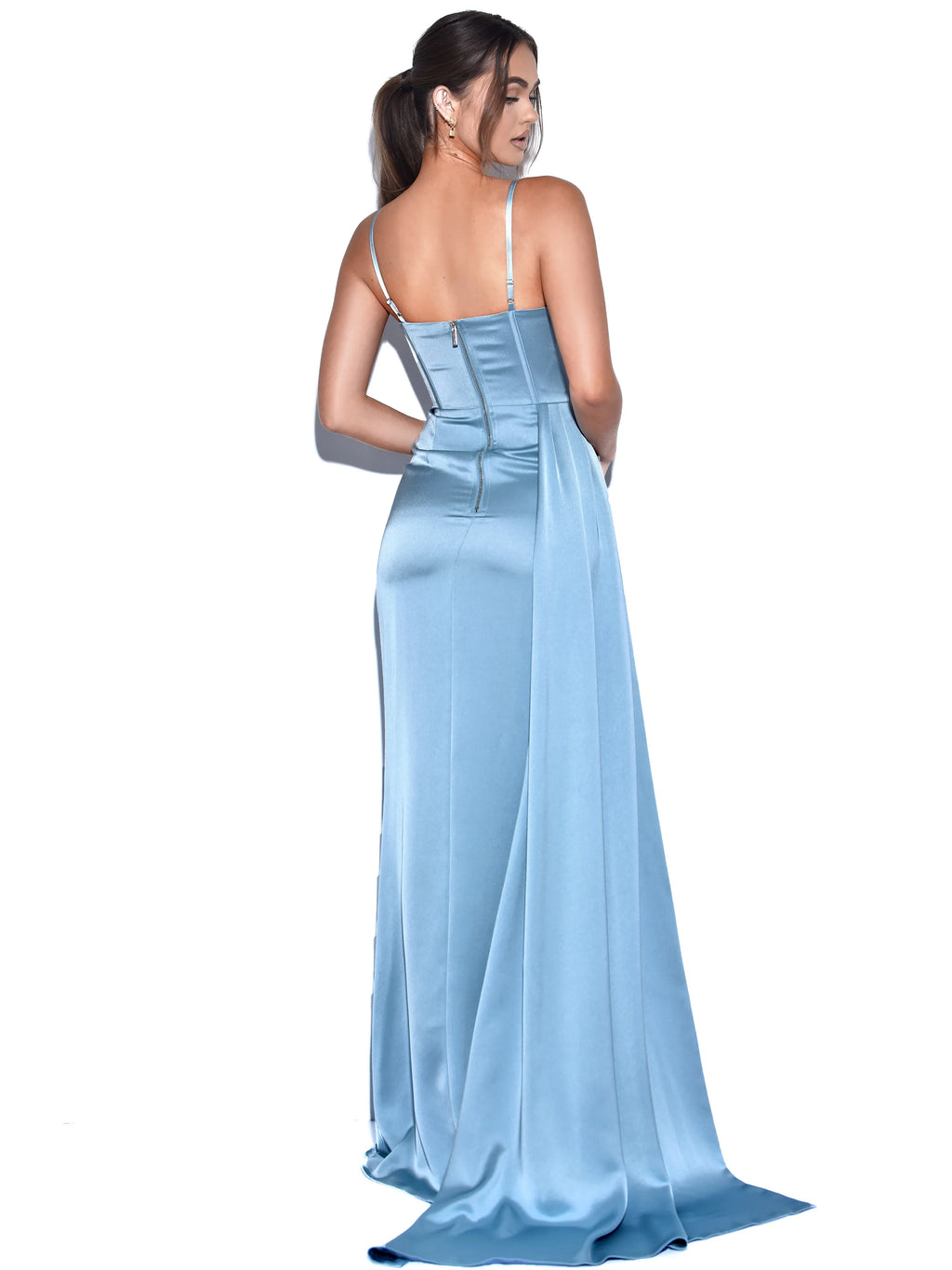 Elayna Pale Blue Strappy Satin Corset High Slit Gown Archive Sale